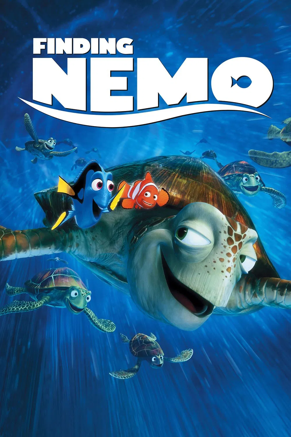 Finding Nemo 2003 - Blog Nanovest Finding Nemo poster showing Marlin and Nemo riding a sea turtle through a bright blue ocean, with the movie title at top.