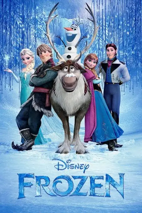 Frozen 2013 - Blog Nanovest Movie poster for Disney's Frozen featuring Elsa, Anna, Kristoff, Sven the reindeer, and Olaf the snowman posing together in a snowy blue forest.