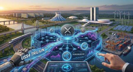 Infrastruktur Brasil US Triliun Masuk XRPL Lonjakan Likuiditas Ripple Jadi Sorotan - Blog Nanovest Visualisasi integrasi jaringan finansial Brasil dengan sistem blockchain XRP Ledger (XRPL) milik Ripple.