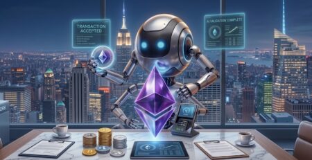 Integrasi Teknologi AI Dan ETH Dalam Riset BlackRock Futuristic robot at a desk handling Ethereum with holographic finance screens above and a city skyline behind.