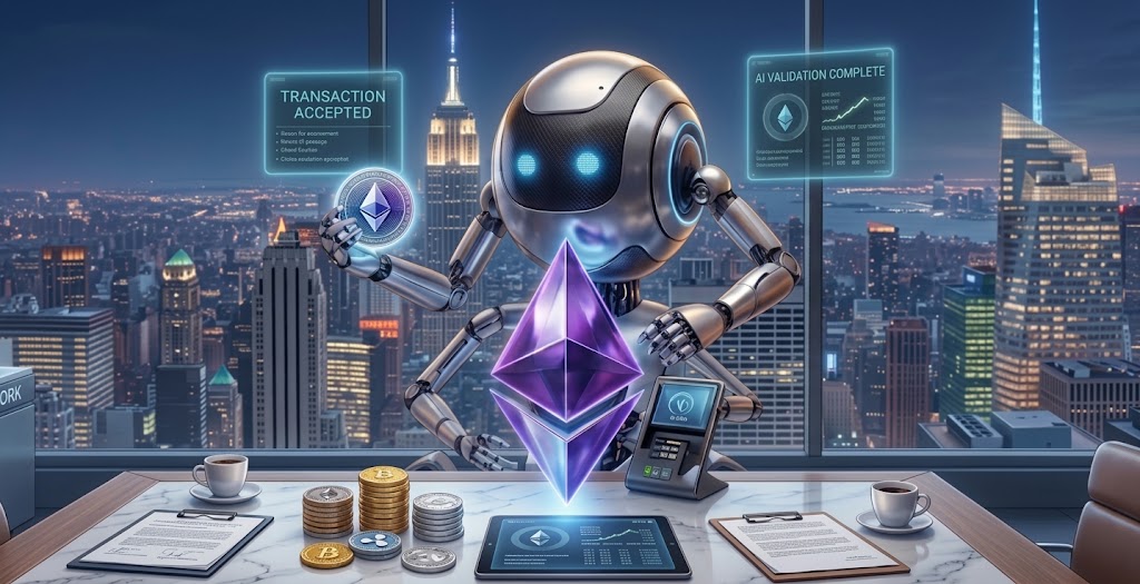 Futuristic robot at a desk handling Ethereum with holographic finance screens above and a city skyline behind.