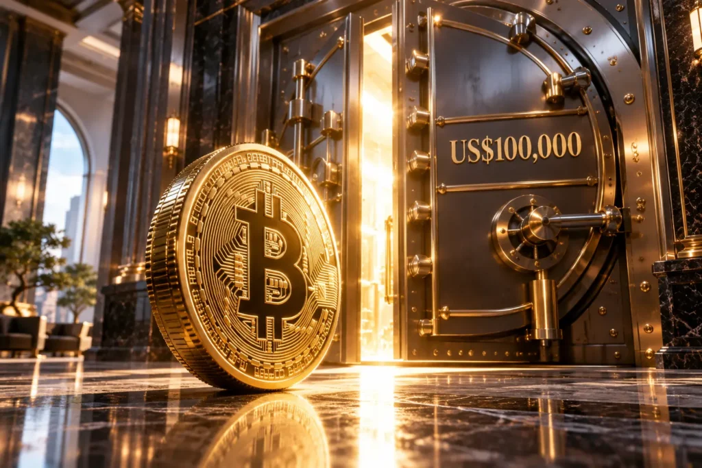 Koin Bitcoin emas berdiri di depan brankas bertanda US0000 - Blog Nanovest A golden Bitcoin coin stands before a vault marked US$100,000