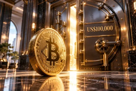 A golden Bitcoin coin stands before a vault marked US$100,000