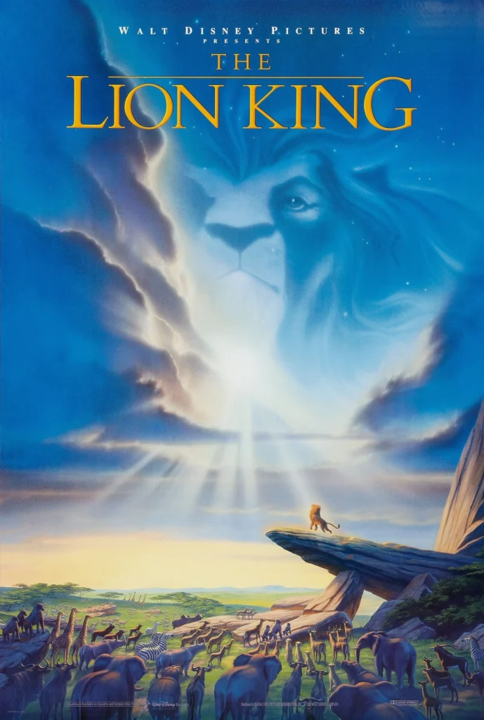 The Lion King (1994) - Blog Nanovest The Lion King movie poster: a lion on a rock overlooking a vast savannah with beams of light in the sky, above a herd of animals.