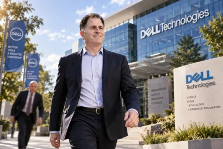 Michael Dell walking confidently in front of Dell Technologies headquarters