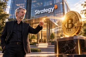 Michael Saylor signals toward a golden Bitcoin outside Strategy headquarters