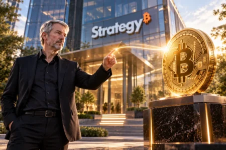 Michael Saylor signals toward a golden Bitcoin outside Strategy headquarters