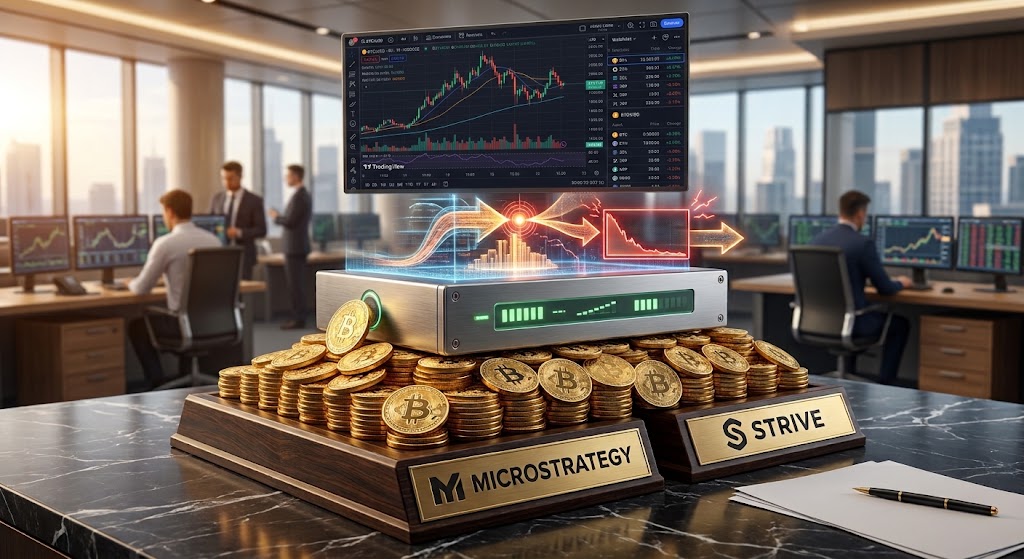 MicroStrategy dan Strive Eksekusi Pembelian Bitcoin- Capital Inflow Institusi Picu Supply Shock - Blog Nanovest Desk with a hardware server and a mound of Bitcoin coins in front of a trading dashboard; office trading floor in the background.