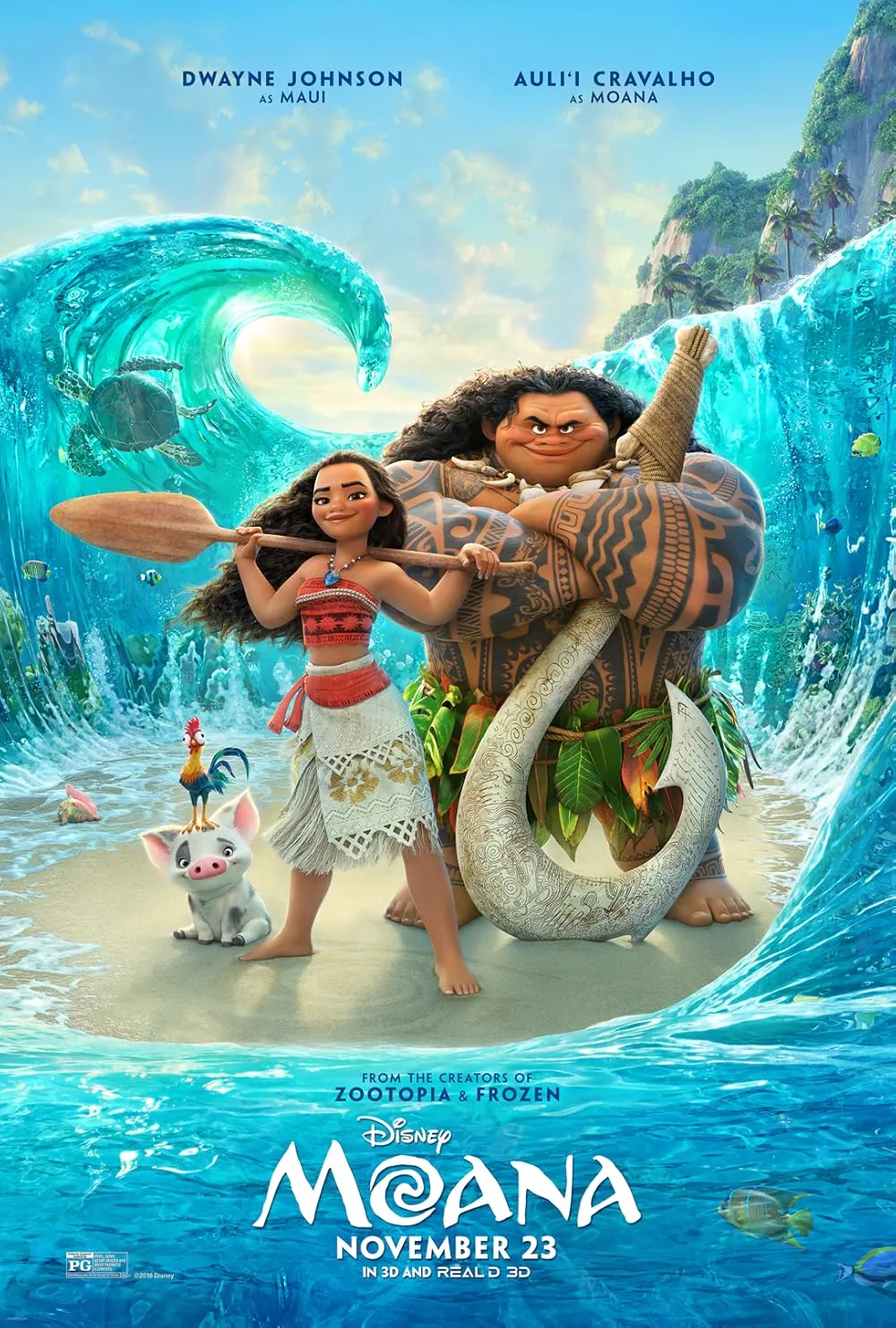 Moana 2016 - Blog Nanovest Moana and Maui stand on a tropical beach with a curling turquoise wave behind them, Moana holding a paddle, Maui with tattooed arms.