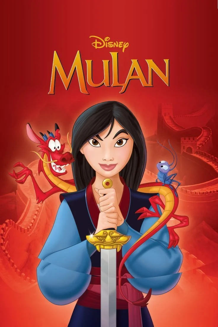Mulan 1998 - Blog Nanovest Mulan holds a sword upright before her, with a red background and a dragon winding around her, a Great Wall backdrop behind.