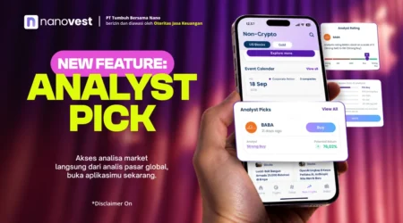 Ad banner for Nanovest announcing the 'Analyst Pick' feature with a hand holding a smartphone showing the app screens.