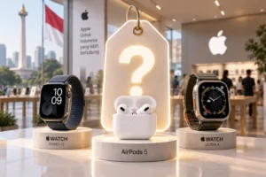 AirPods 5, Apple Watch Series 12, and Apple Watch Ultra 4 displayed with a question-mark price tag in Indonesia.