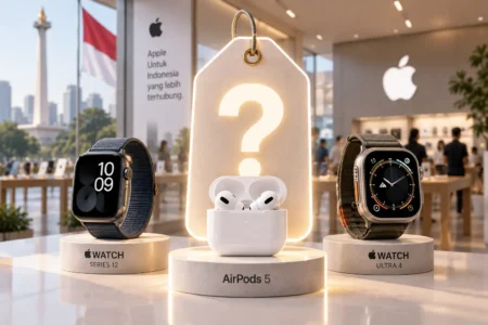 - Blog Nanovest AirPods 5, Apple Watch Series 12, and Apple Watch Ultra 4 displayed with a question-mark price tag in Indonesia.