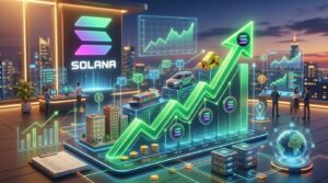 3D infographic of Solana branding with a neon green rising chart, crypto icons, buildings, and a globe in a futuristic cityscape.