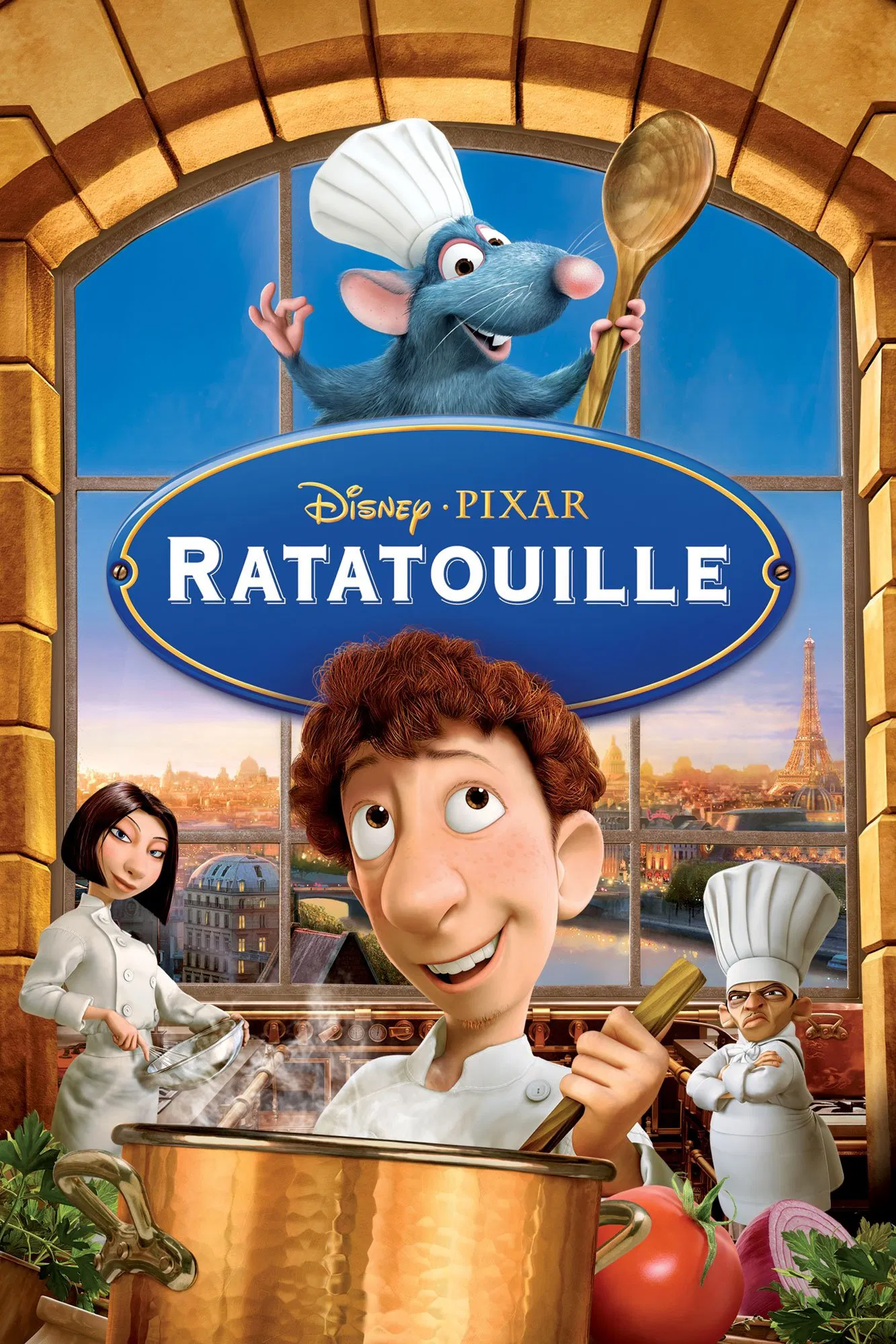 Ratatouille 2007 - Blog Nanovest Remy the rat in a chef hat grips a large spoon over a copper pot, with the Disney•Pixar Ratatouille sign behind him.