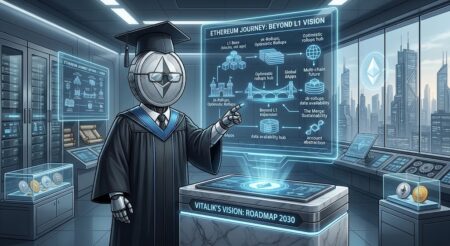 Robot in a graduation cap presents a holographic Ethereum roadmap in a futuristic control room, pointing at the chart.