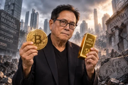 Robert Kiyosaki holding Bitcoin and gold amid a turbulent financial backdrop - Blog Nanovest Robert Kiyosaki memegang Bitcoin dan emas di tengah gejolak pasar keuangan