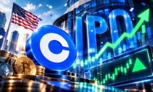 Crypto coins and a glowing blue currency symbol beside a rising green stock chart, with a US flag in the background, suggesting market growth.