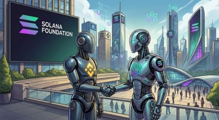 Solana Gaet Eks Binance dan Polygon untuk Perluas Adopsi Institusi Two robots shake hands in a futuristic city; a Solana Foundation sign is on a large billboard.