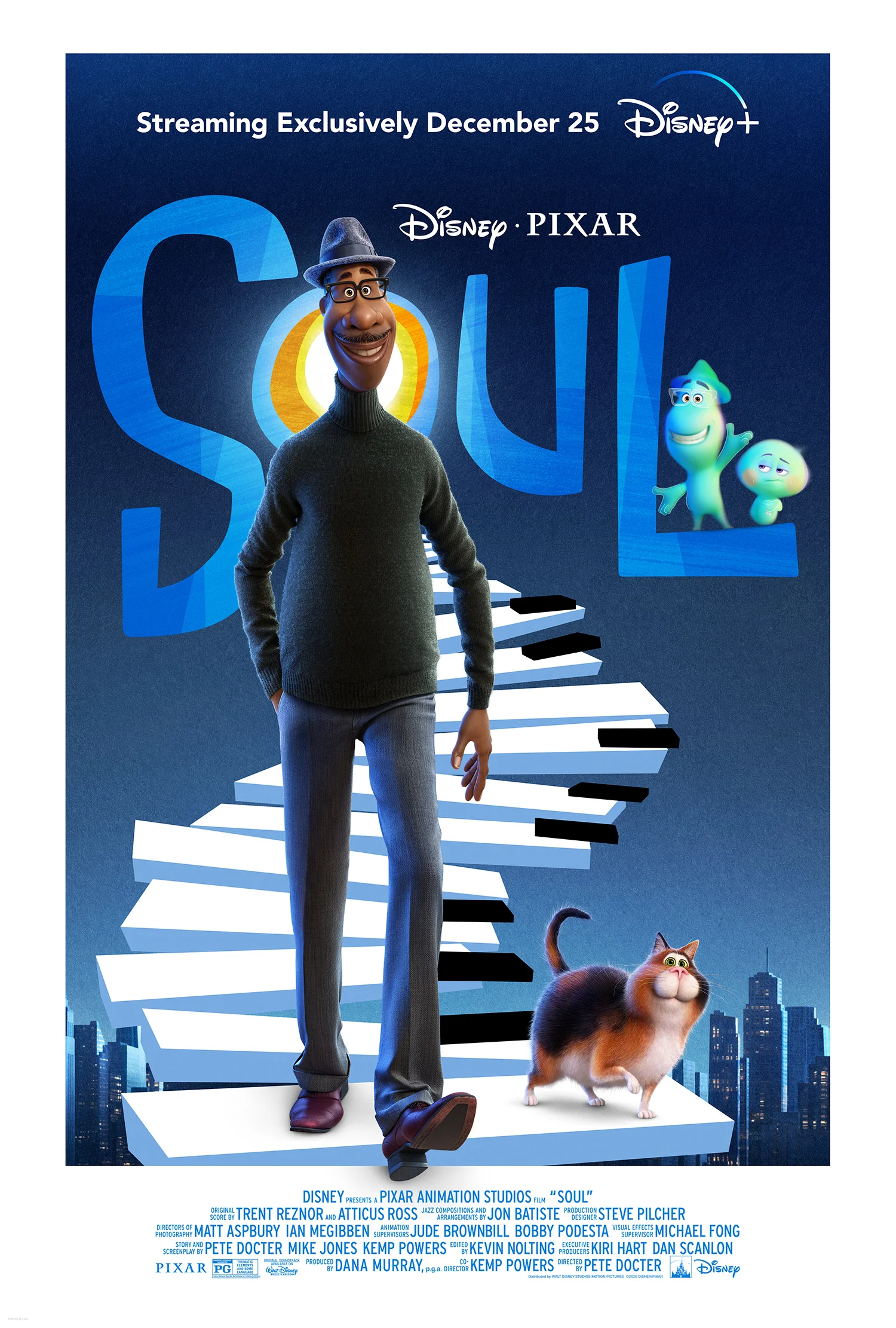 Soul 2020 - Blog Nanovest Promotional Soul poster: a man in a dark sweater and glasses stands on oversized piano keys with blue cityscape behind him and two blue characters nearby.