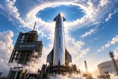 SpaceX Starship ready for an orbital test beneath a glowing gateway in the sky - Blog Nanovest Starship SpaceX siap menjalani uji orbit di bawah gerbang bercahaya di langit