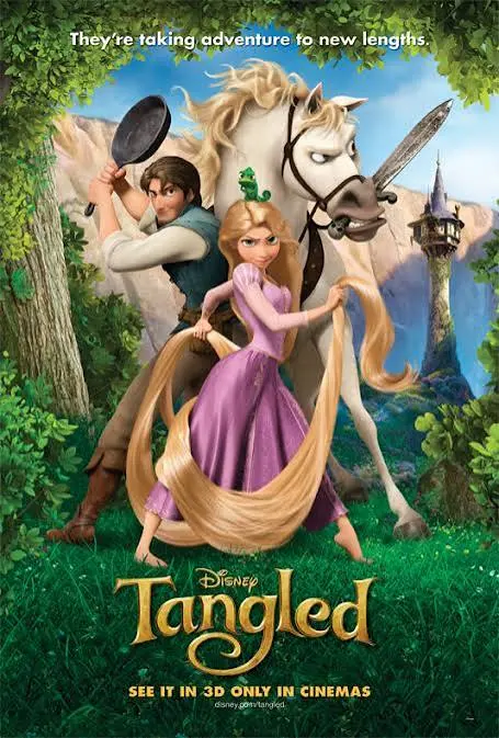 Tangled 2010 - Blog Nanovest Poster for Disney's Tangled featuring Rapunzel in a pink dress, Flynn Rider, and a horse in a lush forest with the movie title at the bottom.