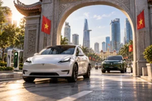 Tesla enters a Vietnamese city as a VinFast EV approaches in the background