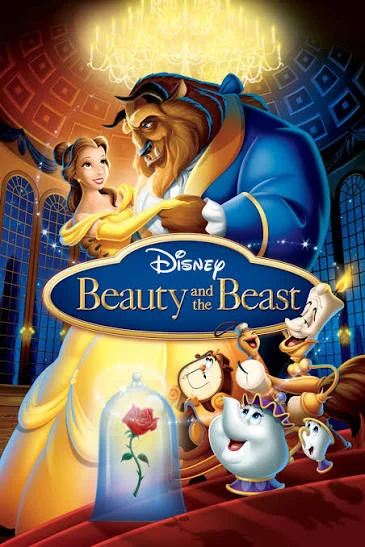 The Beauty and the Beast 1991 - Blog Nanovest Poster for Disney's Beauty and the Beast: Belle and the Beast dancing in a grand ballroom, with Lumière, Mrs. Potts, Chip, Cogsworth, and the enchanted rose under a glass dome.
