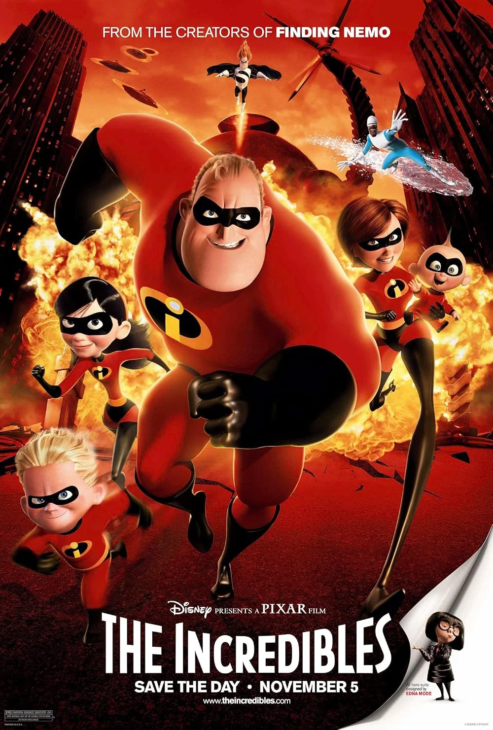 The Incredibles 2004 - Blog Nanovest Poster for The Incredibles featuring the superhero family sprinting forward against a fiery city backdrop.