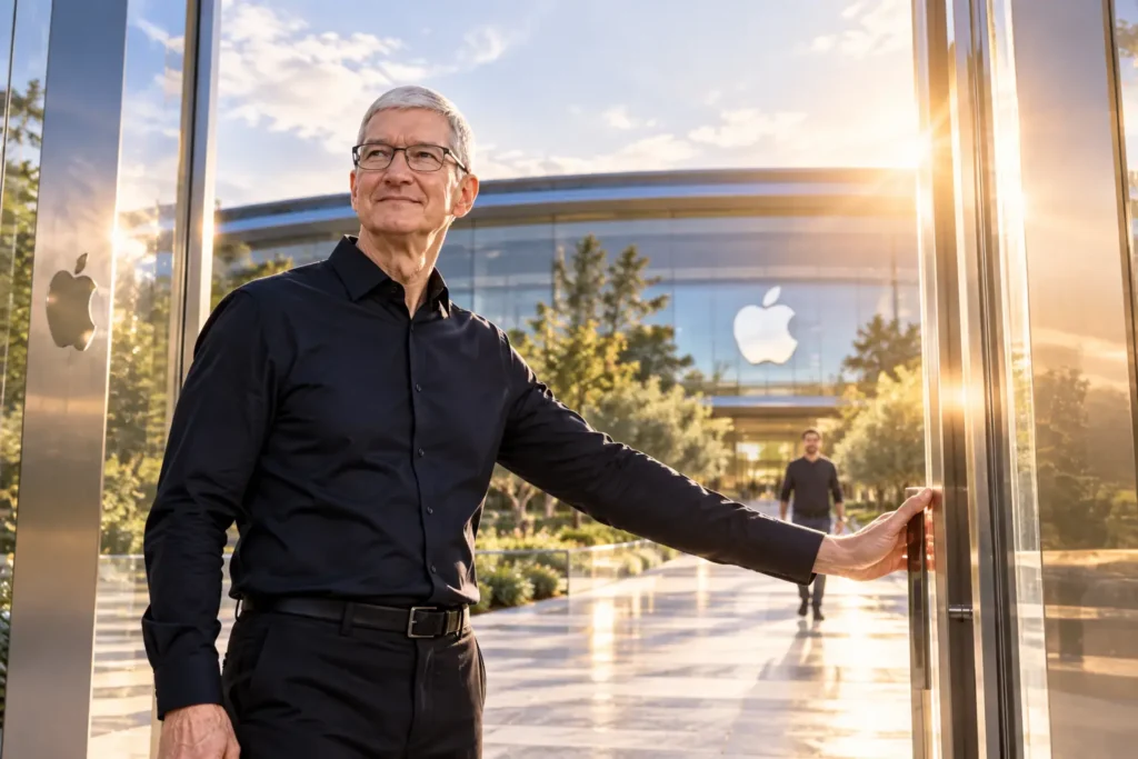 Tim Cook opens a futuristic gateway at Apple Park as John Ternus approaches in the distance - Blog Nanovest Tim Cook membuka gerbang futuristik di Apple Park saat John Ternus mendekat dari kejauhan