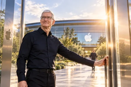Tim Cook membuka gerbang futuristik di Apple Park saat John Ternus mendekat dari kejauhan