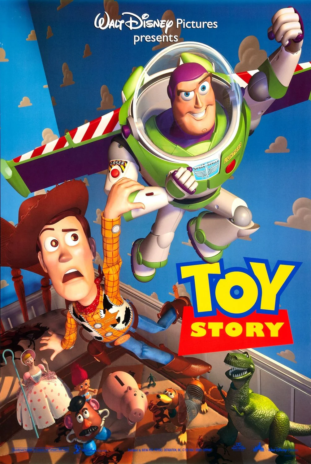 Toy Story 1995 - Blog Nanovest Buzz Lightyear flies toward Woody in a poster for Toy Story with the duo surrounded by toys and a blue sky backdrop.