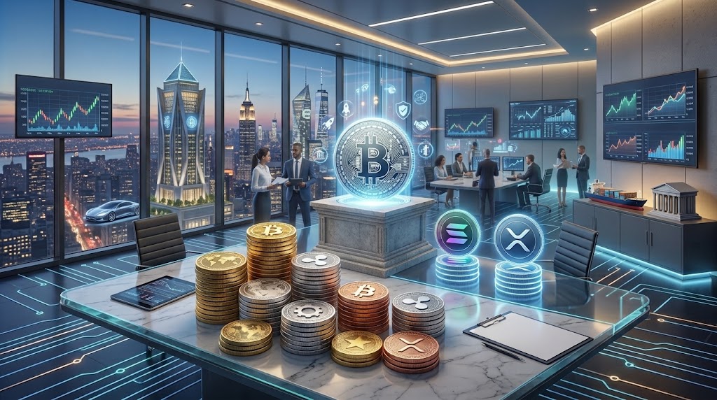Futuristic trading room with a glowing Bitcoin centerpiece, stacked coins, holographic crypto logos, and professionals reviewing digital charts by a marble table in front of city skyline windows,