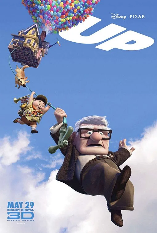 Up (2009) - Blog Nanovest Prominent poster for Pixar's Up: Carl Fredricksen soaring with Russell and Dug the dog as a house lifts by colorful balloons.