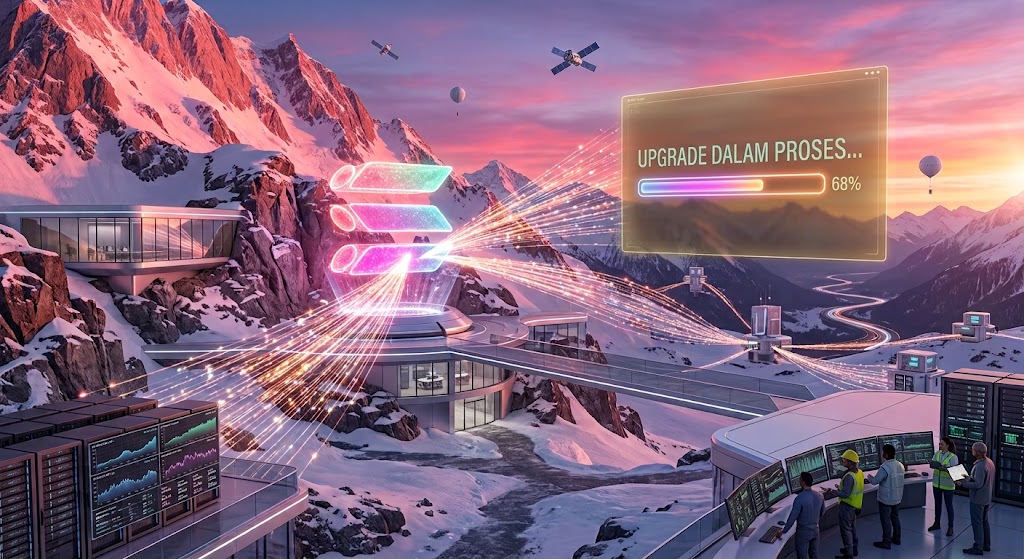 Futuristic mountaintop data center with neon servers and light beams feeding a holographic upgrade screen at 68%.”,