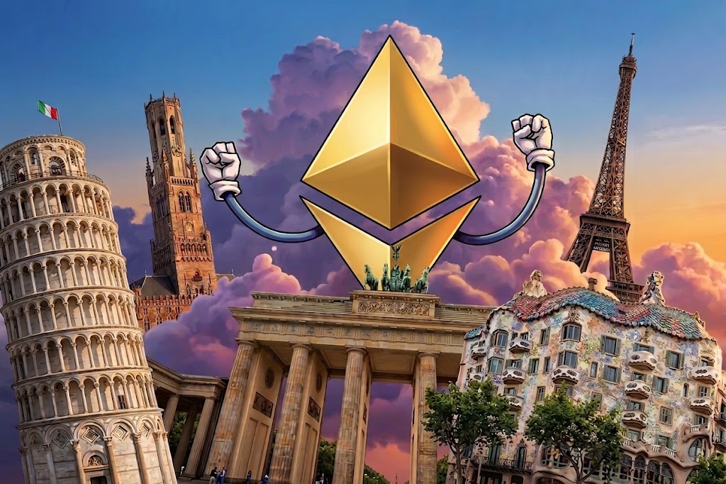 Upgrade Glamsterdam Ethereum Berjalan di Tengah Perlambatan ETF - Blog Nanovest Giant golden Ethereum logo with cartoon arms rising above landmarks: Leaning Tower of Pisa and Eiffel Tower at sunset, in a collage.