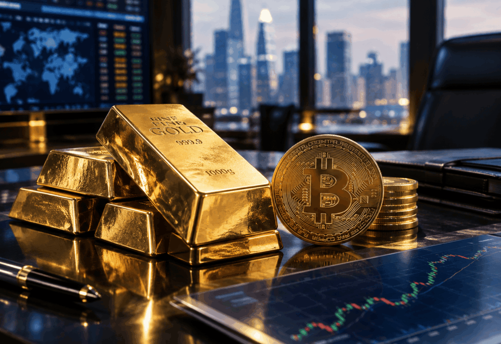 Visualisasi perbandingan emas batangan dengan logo aset kripto Bitcoin pada portofolio institusi global 1 - Blog Nanovest Visualisasi perbandingan emas batangan dengan logo aset kripto Bitcoin pada portofolio institusi global.