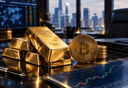 Visualisasi perbandingan emas batangan dengan logo aset kripto Bitcoin pada portofolio institusi global 1 - Blog Nanovest Visualisasi perbandingan emas batangan dengan logo aset kripto Bitcoin pada portofolio institusi global.