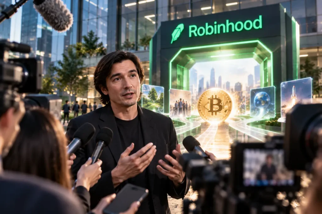Vlad Tenev berbicara kepada media dengan visual Robinhood dan Bitcoin di belakangnya - Blog Nanovest Vlad Tenev speaks to the media with Robinhood and Bitcoin visuals behind him