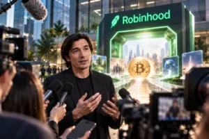 Vlad Tenev speaks to the media with Robinhood and Bitcoin visuals behind him
