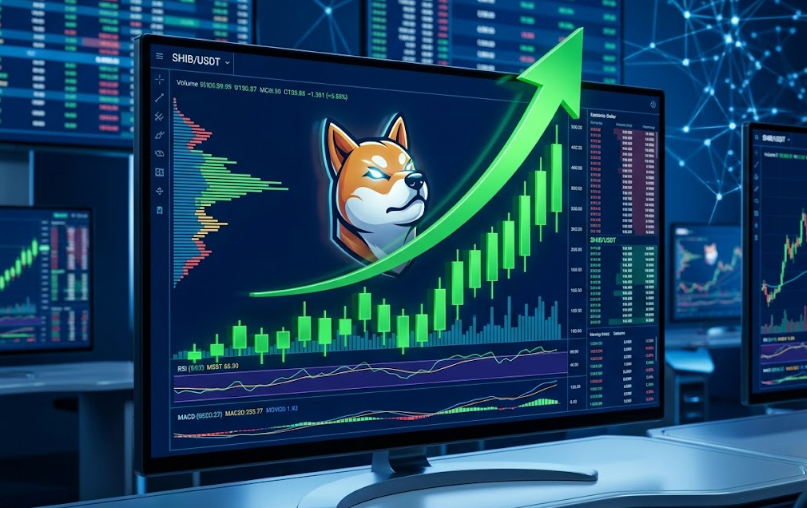 Volume Transaksi Shiba Inu Tembus 534 Miliar Token - Blog Nanovest Trading dashboard on a monitor showing a Shiba Inu logo with a green upward arrow and candlestick chart on screen beneath market data panels.