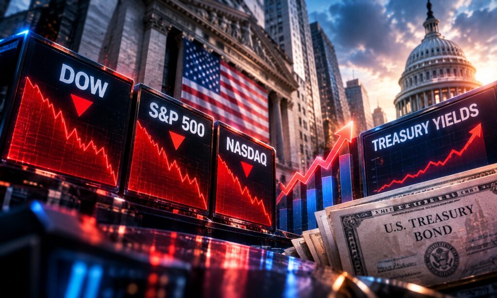 Wall Street Merah Yield Obligasi Melonjak saat Ketegangan AS-Iran Kembali Memanas - Blog Nanovest Stock market screens show Dow, S&P 500, and NASDAQ down; rising Treasury yields and U.S. bonds with the Capitol in the background.