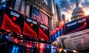 Stock market screens show Dow, S&P 500, and NASDAQ down; rising Treasury yields and U.S. bonds with the Capitol in the background.