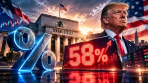 Unidentified political figure beside a glowing 58% up-arrow and a giant blue percent symbol in front of the Fed building, with American flags and stock tickers in the scene.