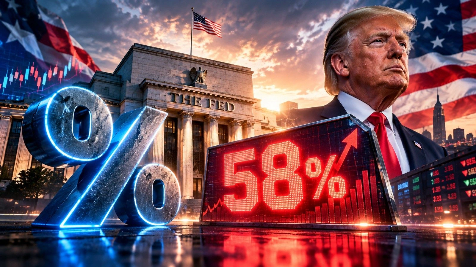 Unidentified political figure beside a glowing 58% up-arrow and a giant blue percent symbol in front of the Fed building, with American flags and stock tickers in the scene.