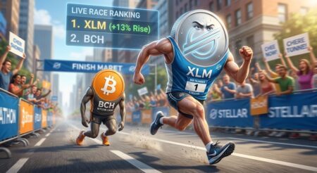XLM Melonjak 13 Salip Kapitalisasi Pasar Bitcoin Cash - Blog Nanovest Animated race scene with XLM athlete in blue sprinting ahead of BCH, near the finish line in a city street, crowd cheering. Top overlay shows race ranking: 1. XLM (+13% Rise), 2. BCH.