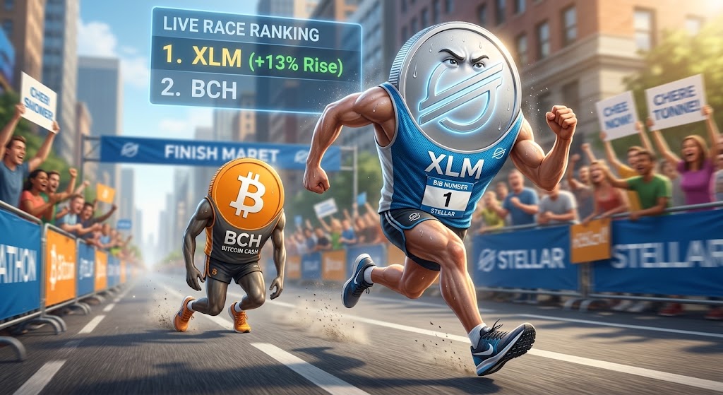 XLM Melonjak 13 Salip Kapitalisasi Pasar Bitcoin Cash - Blog Nanovest Animated race scene with XLM athlete in blue sprinting ahead of BCH, near the finish line in a city street, crowd cheering. Top overlay shows race ranking: 1. XLM (+13% Rise), 2. BCH.