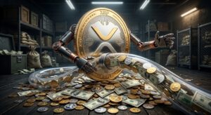 Gold XRP coin with mechanical arms around a cash-filled glass tube in a dim crypto vault.