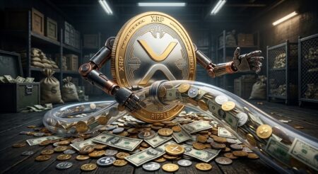 XRP Serap Juta Inflow di Tengah Tekanan Pasar - Blog Nanovest Gold XRP coin with mechanical arms around a cash-filled glass tube in a dim crypto vault.