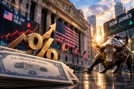 Gold percentage symbol with an upward arrow beside stacked U.S. Treasury bonds in front of the New York Stock Exchange, framed by a bronze bull and waving American flags.